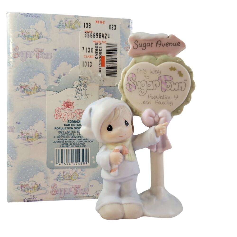 Precious Moments Sugar Town Sam Butcher Population Sign Figurine Enesco 529842